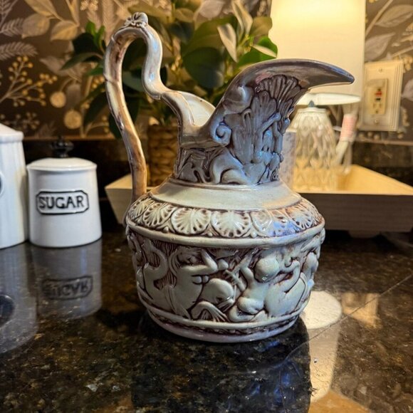 Vintage Ceramic Pitcher With Embossed Cherub & Nature Design Signed By P. Lewis - Picture 4 of 6